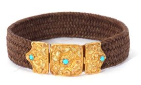 Vintage braided hair bracelet with yellow metal and turquoise set clasp, 20cm long
