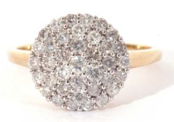 Modern 9ct gold and diamond cluster ring, individually claw set with tiers of small single cut