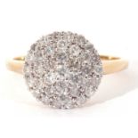 Modern 9ct gold and diamond cluster ring, individually claw set with tiers of small single cut