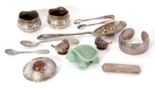 Mixed lot to include a large Scottish brooch, a torc bangle, a metal hinged needlecase, two plated