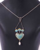 Art Nouveau silver and enamel pendant, a stylised heart design having a freshwater pearl dropper