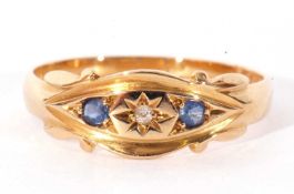 Antique 18ct gold sapphire and diamond ring, the small old cut diamond set between two small round