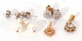 Mixed Lot: two diamond set small pendants, a cluster and a heart example, a pair of diamond
