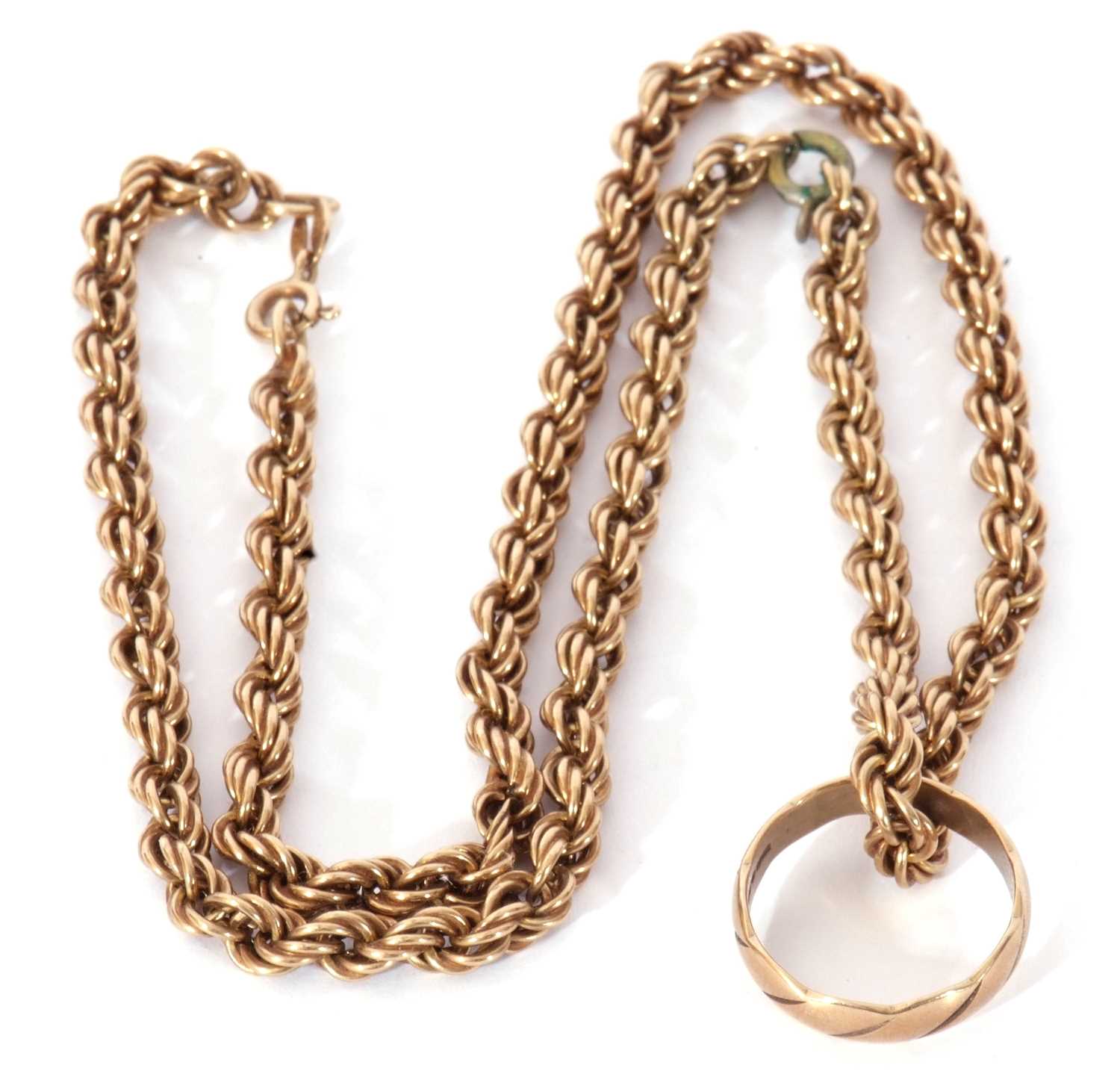 9ct gold rope twist chain (broken) suspending a 9ct gold ring, g/w 13.8gms - Image 2 of 4