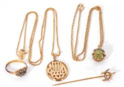 Mixed Lot: 14k stamped pendant suspended from a 585 marked box chain, a green stone pendant