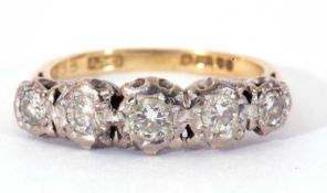 18ct gold five stone diamond ring featuring five graduated diamonds, each individually set in