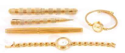 Mixed lot of three vintage pens, together with two ladies gold plated wrist watches
