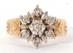 18ct gold and diamond cluster ring, a flowerhead design featuring seven small diamonds, each