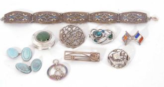 Mixed Lot: sterling and enamel pierced panel bracelet, an Art Nouveau style brooch turquoise and