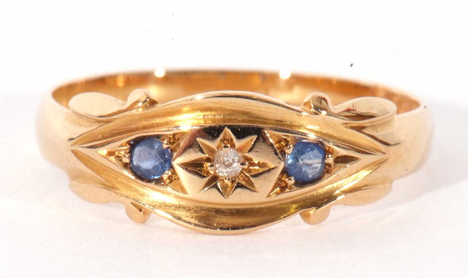 Antique 18ct gold sapphire and diamond ring, the small old cut diamond set between two small round - Image 2 of 9