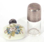 Mixed Lot: porcelain scent bottle, the front applied with a spray of flowers with screw on silver