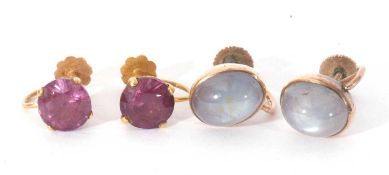 Mixed Lot: pair of moonstone and pair of amethyst set earrings, each in yellow metal screw-in mounts