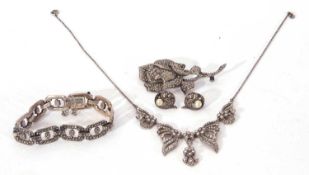 Mixed Lot: vintage marcasite articulated necklace, stamped 'silver', a vintage floral marcasite