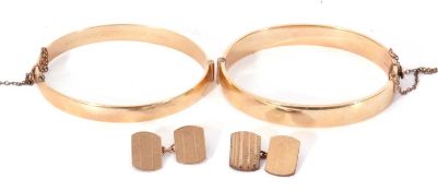 Mixed Lot: two vintage rolled gold hinged bracelets, together with a pair of gold plated cuff links