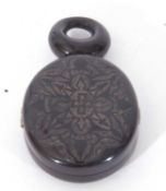 Antique jet hinged oval locket engraved both sides, 4cm x 3cm