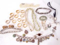 Mixed lot to include an opalescent and green bead necklace, a Wedgwood brooch, antique watch key,