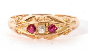 Antique 18ct gold diamond and ruby ring, boat shaped and alternate set with three small old cut
