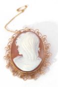 Large carved shell cameo depicting a head and shoulders profile of a lady, framed in an ornate