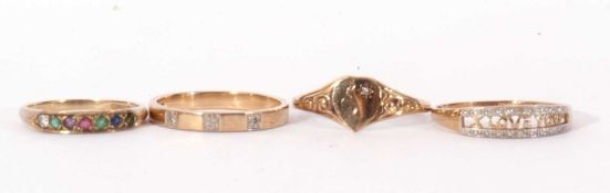 Group of four hallmarked 9ct gold rings, three highlighted with small diamonds, the other set with a