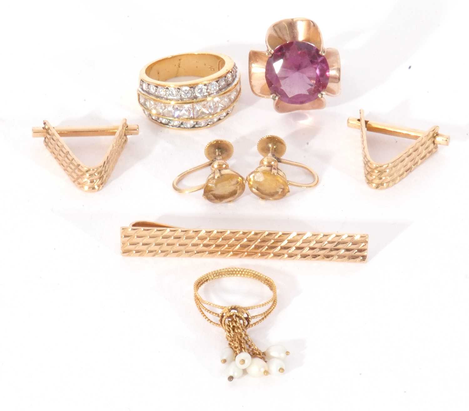 Mixed Lot: yellow metal and amethyst dress ring, a cubic zirconia dress ring, a pair of citrine - Image 2 of 2