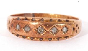 Antique 15ct gold five stone diamond ring, featuring five small old cut diamonds, each in engraved