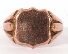 9ct gold signet ring, the plain polished shield panel raised between threaded shoulders, Chester