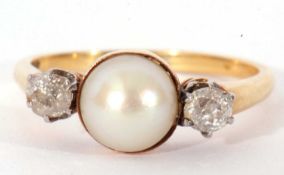 Pearl and diamond three stone ring centring a cultured pearl between two small old cut diamonds,