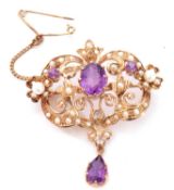 9ct gold amethyst and diamond and seed pearl open work brooch/pendant, 40 x 38mm overall