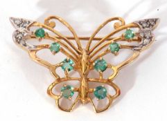 Modern 9ct gold emerald and diamond butterfly brooch, 35 x 25mm