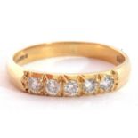 18ct gold five stone diamond ring, line set with five small brilliant round cut diamonds, 0.25ct