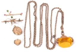 Mixed Lot: oval and heart shaped metal lockets (2), 9ct gold framed swivel fob suspended from a long