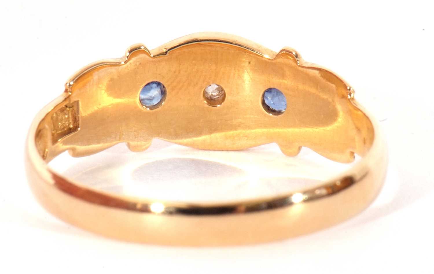Antique 18ct gold sapphire and diamond ring, the small old cut diamond set between two small round - Image 4 of 9