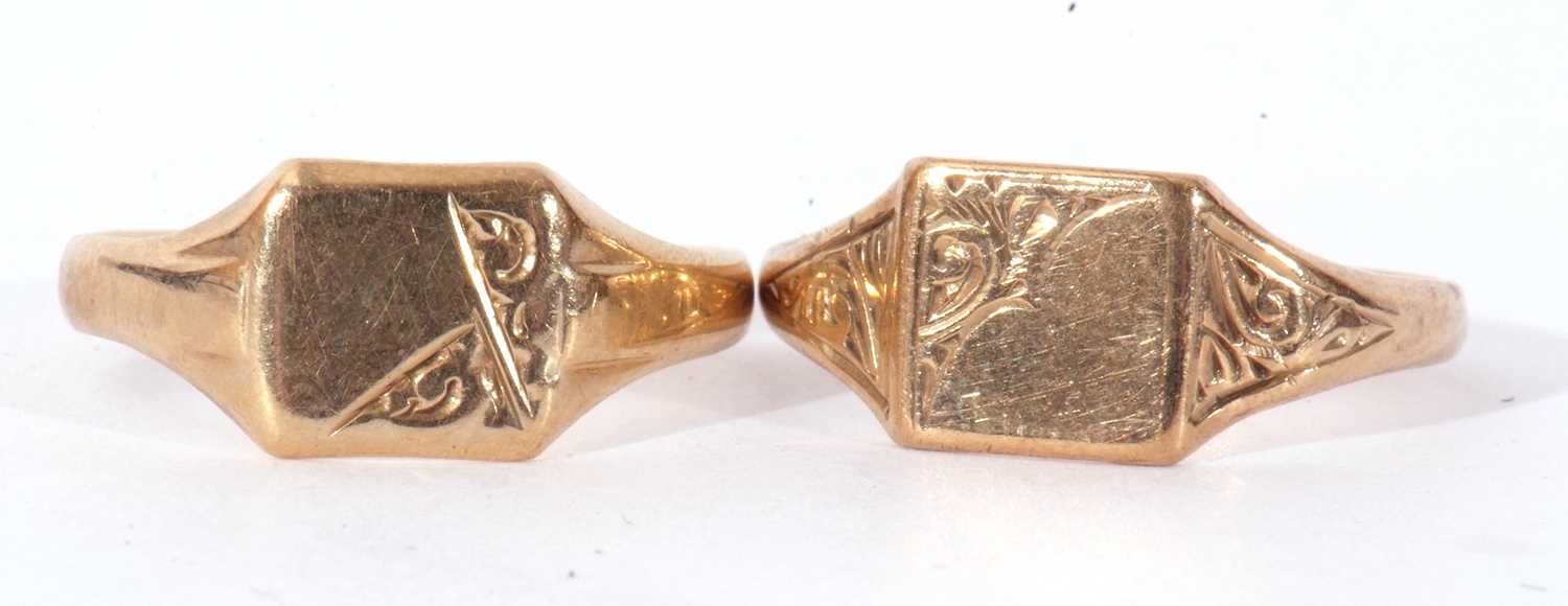 Two 9ct gold signet rings, both with partial engraved detail, g/w 3.0gms