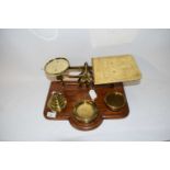 VICTORIAN PARCEL SCALES WITH ACCOMPANYING WEIGHTS, SET ON A WOODEN BASE