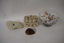 SEASHELLS, SHELL ENCRUSTED BOX AND OTHER ITEMS