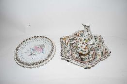 VARIOUS DECORATED PLATES WITH PIERCED RIMS, PORTUGUESE BOWL AND MATCHING JUG