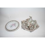 VARIOUS DECORATED PLATES WITH PIERCED RIMS, PORTUGUESE BOWL AND MATCHING JUG