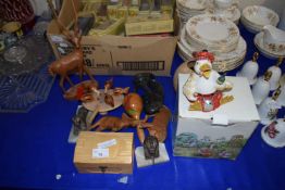 VARIOUS WOODEN ANIMALS, PECKING HEN TOY, CARVED STONE ORNAMENTS AND OTHER COLLECTABLES