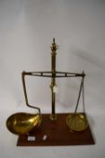 VICTORIAN SHOP BEAM SCALES SET ON A WOODEN BASE