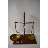 VICTORIAN SHOP BEAM SCALES SET ON A WOODEN BASE