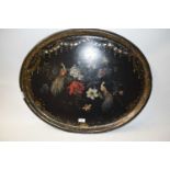 LARGE VICTORIAN PAPIER MACHE TRAY OF OVAL FORM DECORATED WITH TROPICAL BIRDS, 74CM WIDE