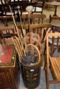 PAINTED WOODEN STICK STAND CONTAINING CARPET BEATER, FISHING ROD, TENNIS RACKET ETC