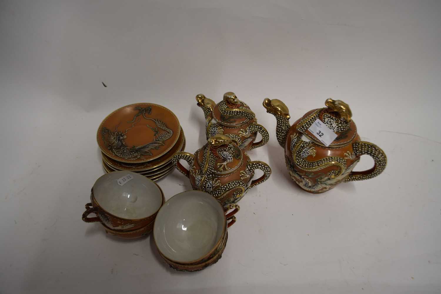 JAPANESE EGGSHELL STAR TEA SET WITH DRAGON DECORATION