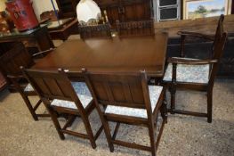 REPRODUCTION OAK DRAW LEAF DINING TABLE AND SIX PANEL BACK DINING CHAIRS (7)