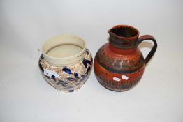 WEST GERMAN POTTERY JUG, TOGETHER WITH A FLORAL DECORATED JARDINIERE (2)