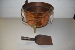 HAMMERED COPPER AND BRASS COAL BUCKET WITH SHOVEL