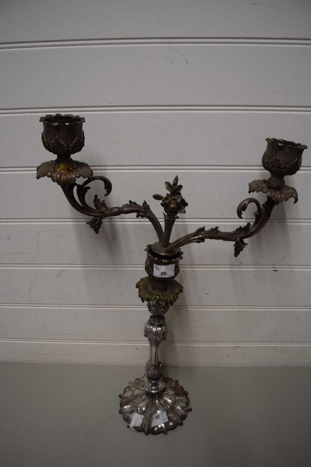 LARGE VICTORIAN SILVER PLATED TWO BRANCH CANDELABRA, 55CM HIGH