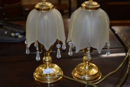 PAIR OF SMALL TABLE LAMPS WITH HANGING GLASS DROPS