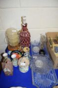TABLE LAMPS, DOME TOP DISPLAY CASE, VARIOUS VASES, GLASS DRESSING TABLE TRAYS ETC