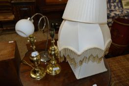 PAIR OF BRASS TABLE LAMPS AND A FURTHER DESK LAMP